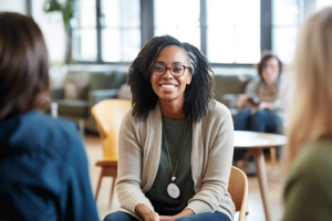 a therapist in an outpatient rehab program greets her therapy group